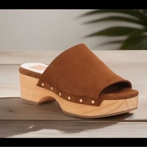 Dolce Vita Women's Dorado Open Toe Clogs Suede Leather Wood Heels Gold Hardware